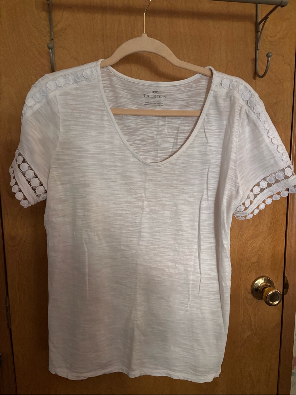 Talbots White Short Sleeve Crochet-Trim V-Neck Tee